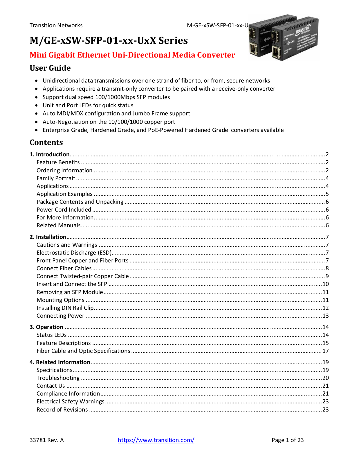 Transition Networks M/GE-ISW-SFP-01-URX, M/GE-xSW-SFP-01-xx-U, M/GE-PSW-SFP-01-UTX, M/GE-ISW-SFP-01-PD-UTX, M/GE-ISW-SFP-01-PD-URX User Manual
