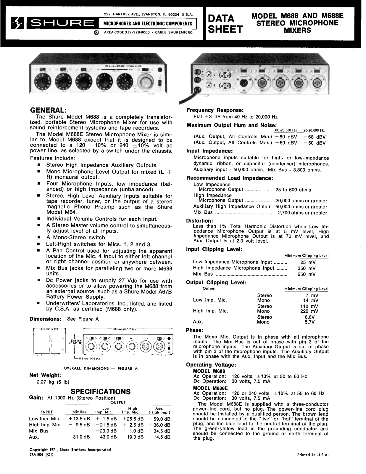 SHURE M688E Data Sheet