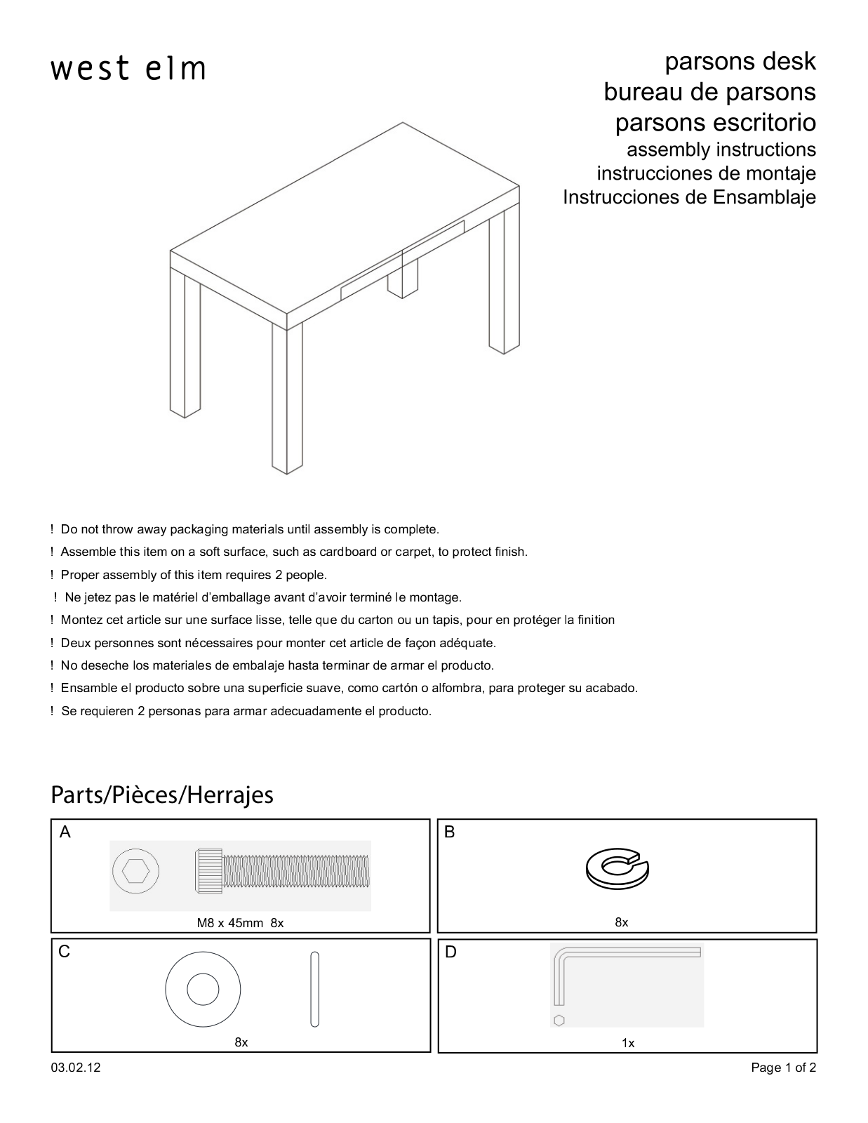 West Elm Parsons Desk with Drawers Assembly Instruction