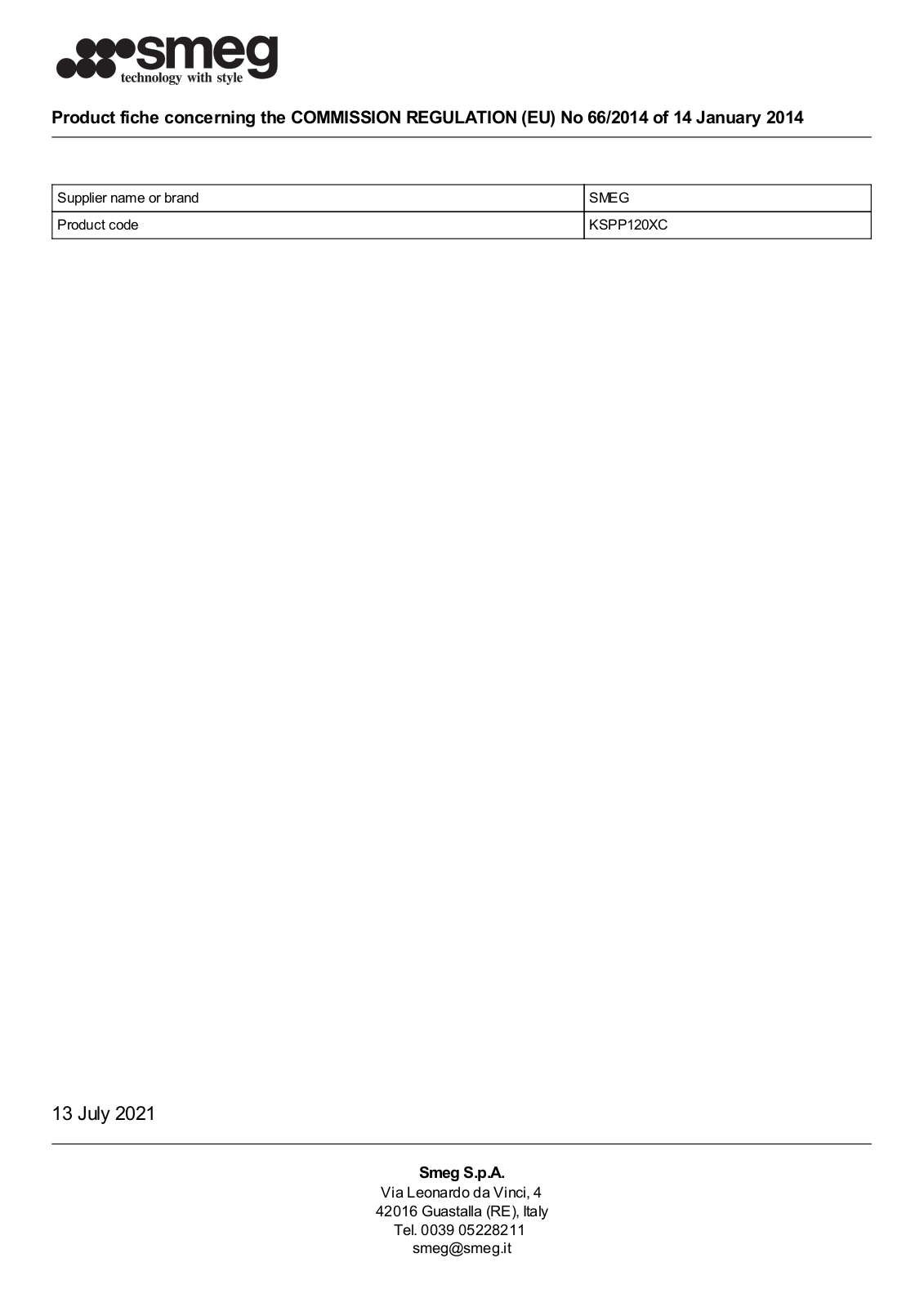 Smeg KSPP120XC product information sheet