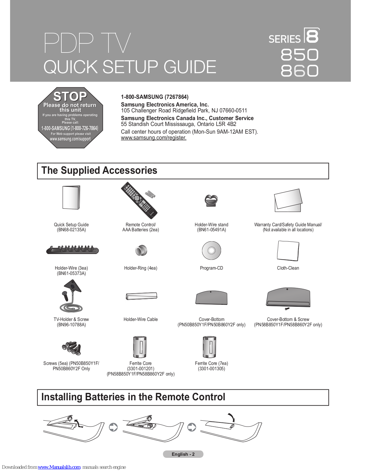 Samsung PN50B860Y2F, PN50B850, PN58B850, PN58B850Y1F, PN50B850Y1F Quick Setup Manual