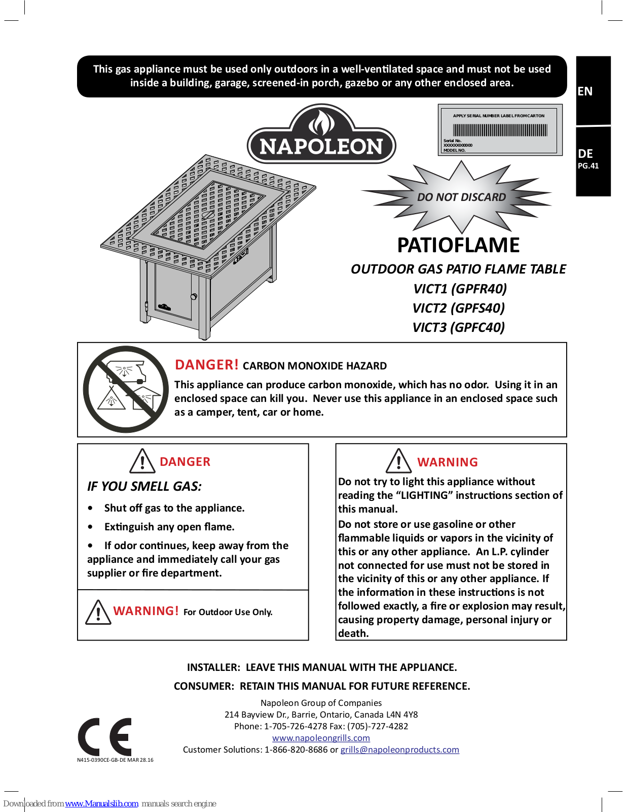 Napoleon GPFR40, VICT1, VICT2, GPFS40, GPFC40 User Manual