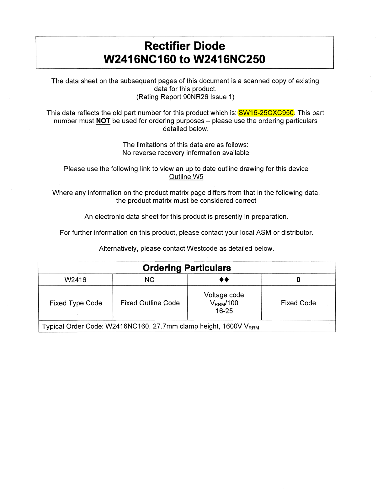 Datasheet W2416NC160, W2416NC250 Datasheet (Westcode Semiconductors) - ManualMachine.com