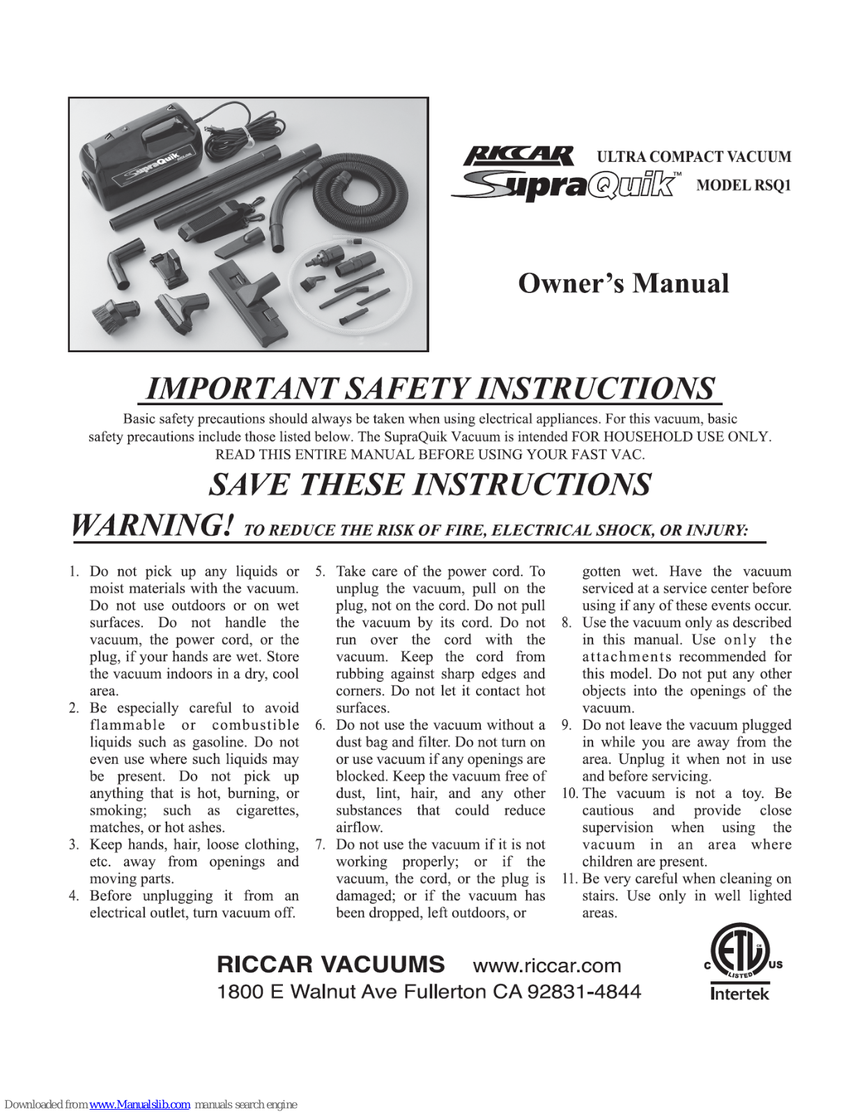 Riccar SupraQuick RSQ1 Owner's Manual