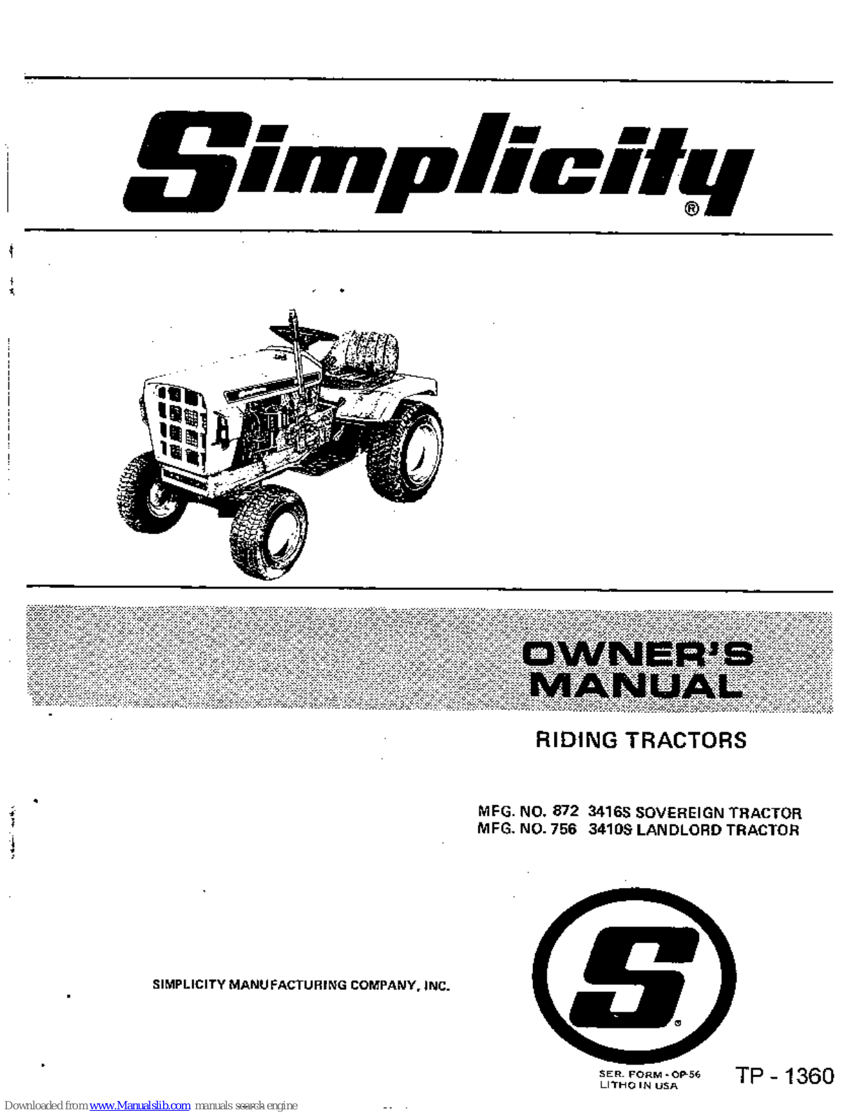 Simplicity Landlord 756 3410S,Sovereign 872 3416S Owner's Manual