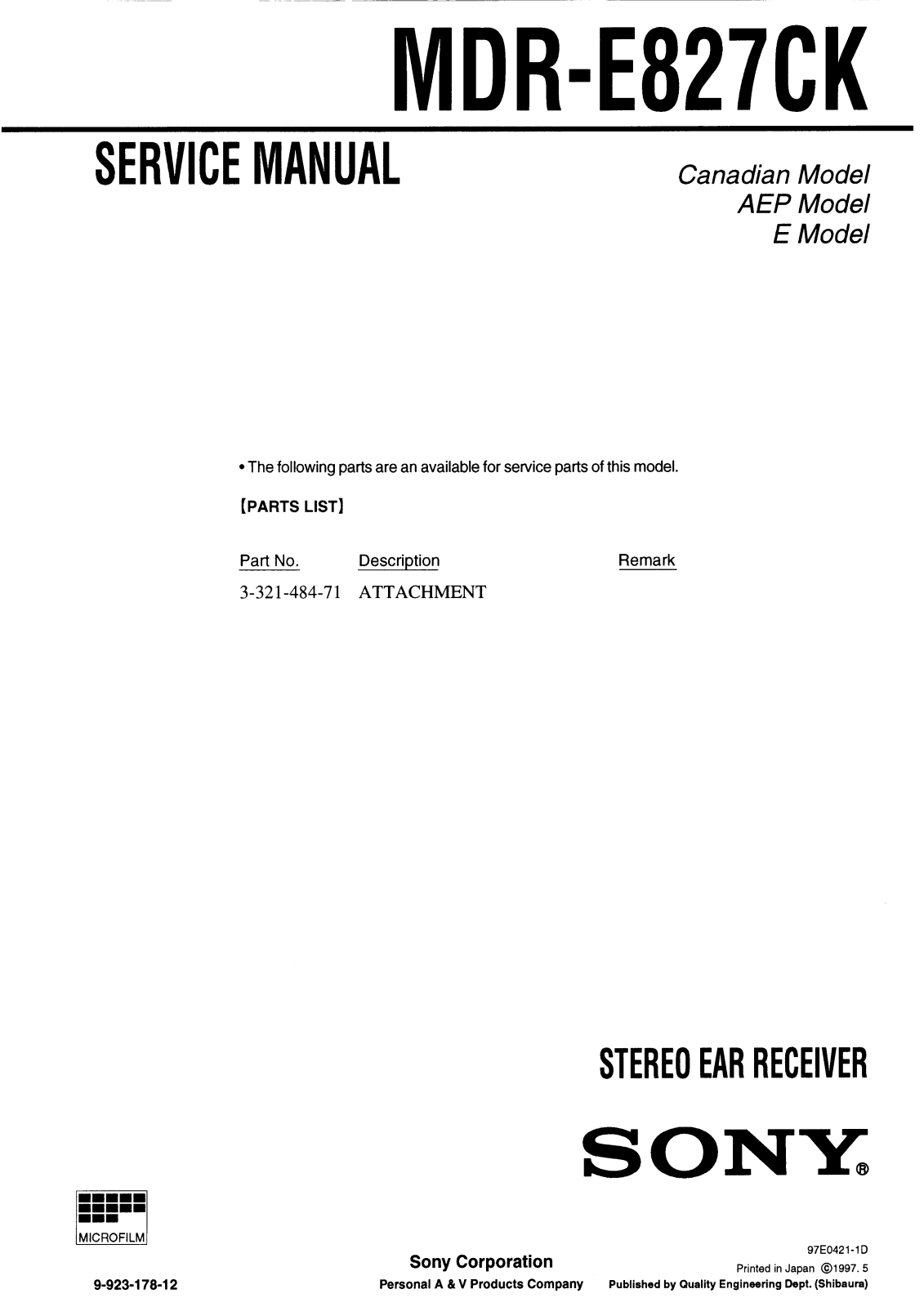 Sony MDR-E827CK Service Manual