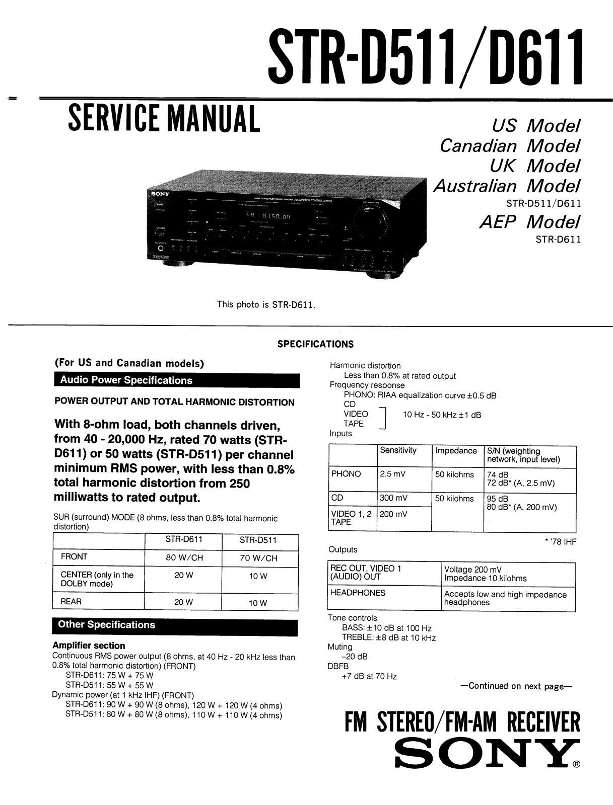 Sony STRD-511, STRD-611 Service manual