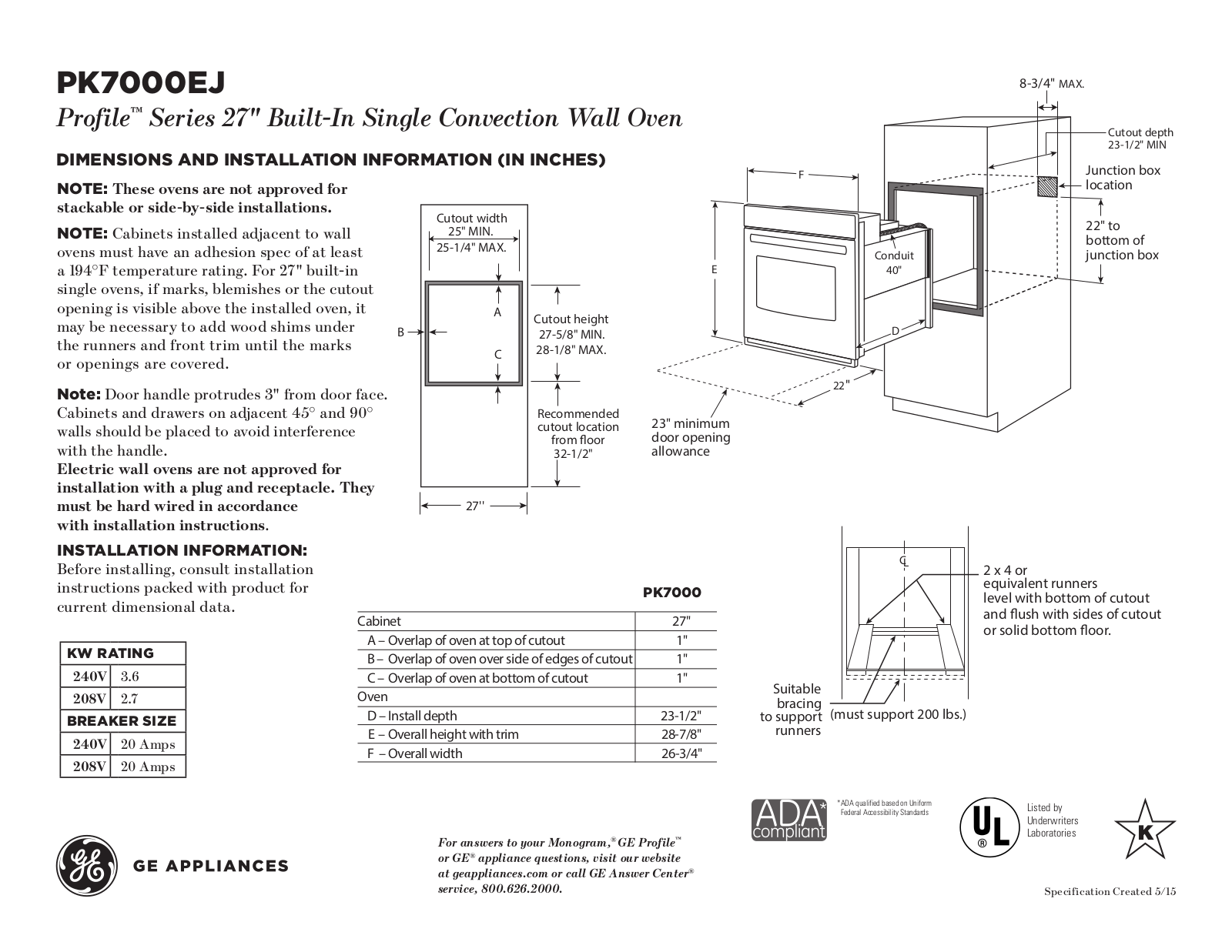 GE PK7000EJES Specification Sheet