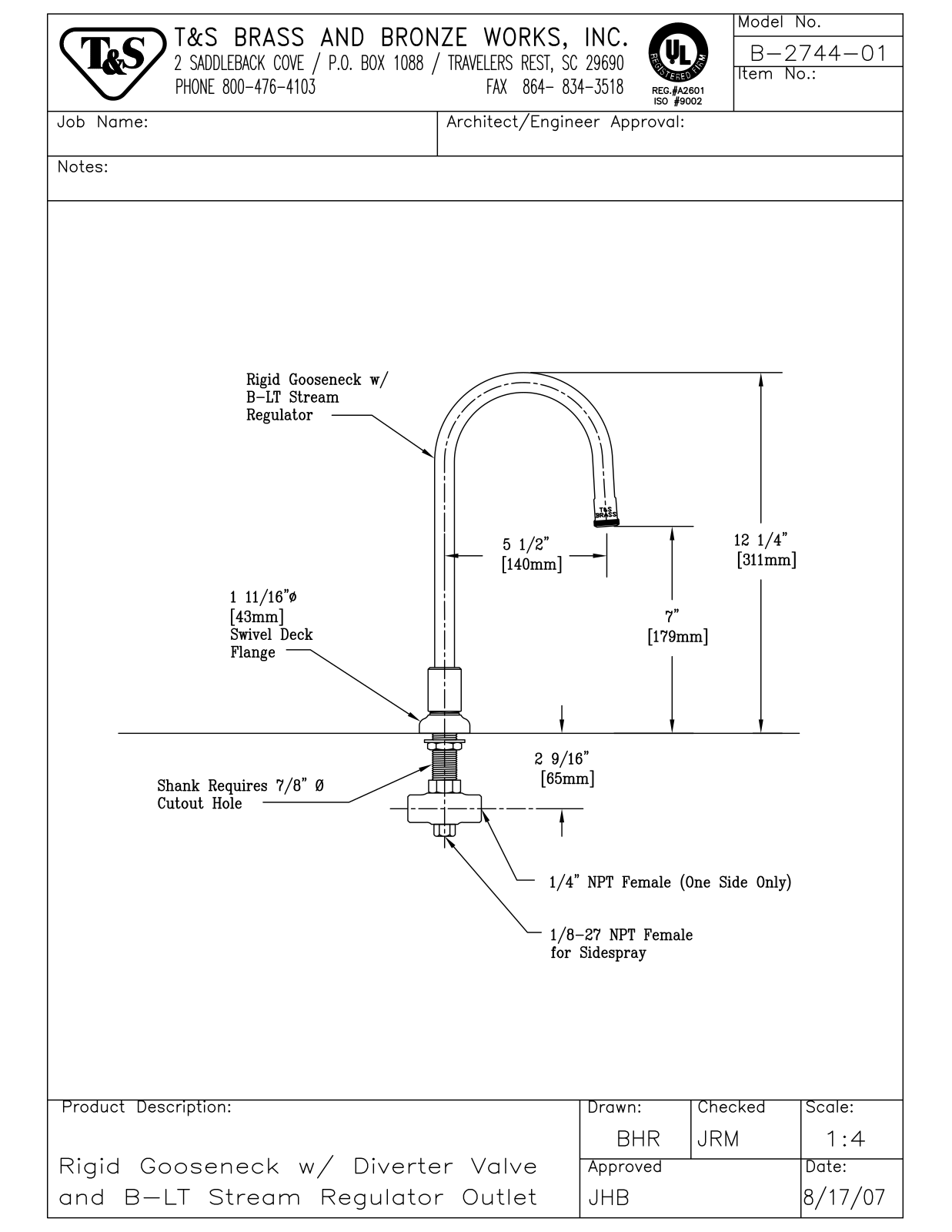 T&S Brass Manuals B-2744-01 User Manual