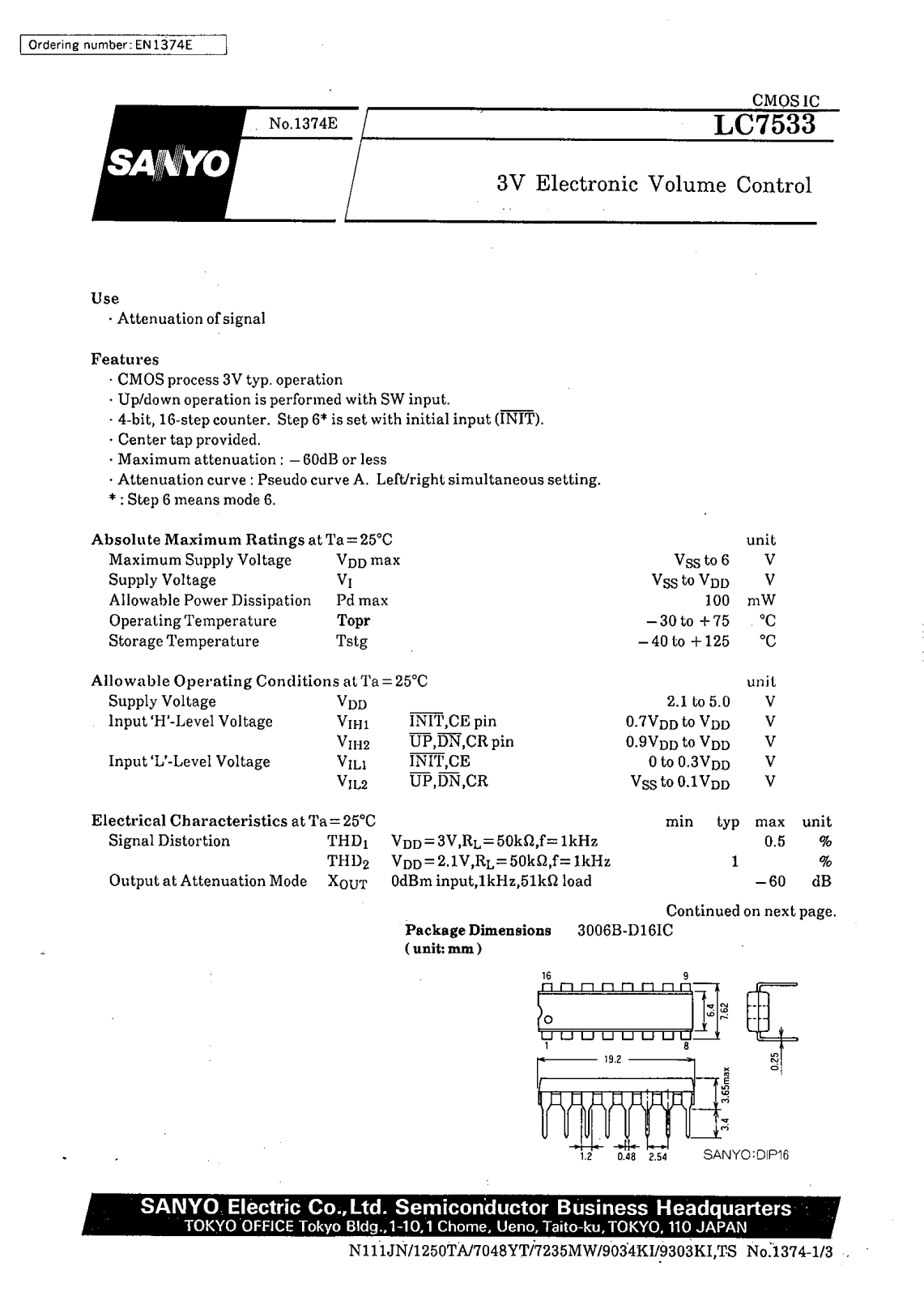 SANYO LC7533 Datasheet