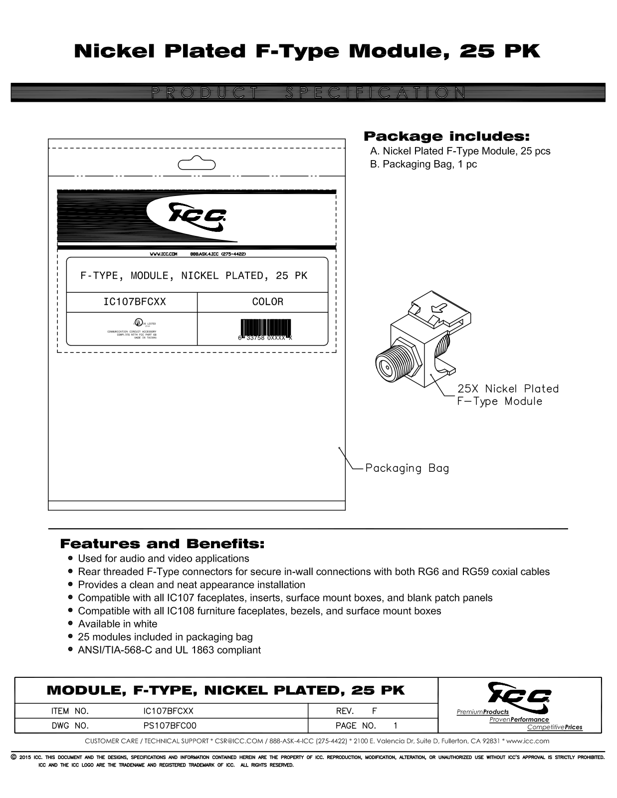 ICC IC107BFCWH Specsheet