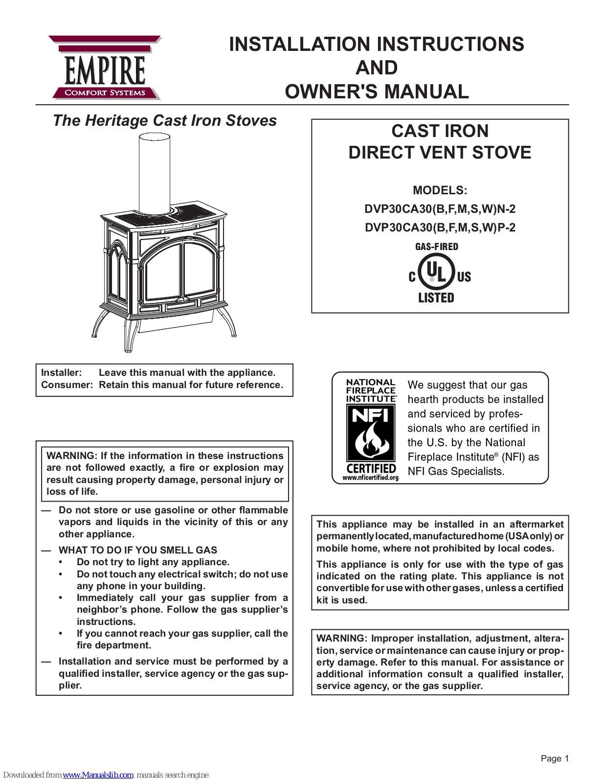 Empire Comfort Systems DVP30CA30WN-2, DVP30CA30MP-2, DVP30CA30BN-2 Owner's Manual