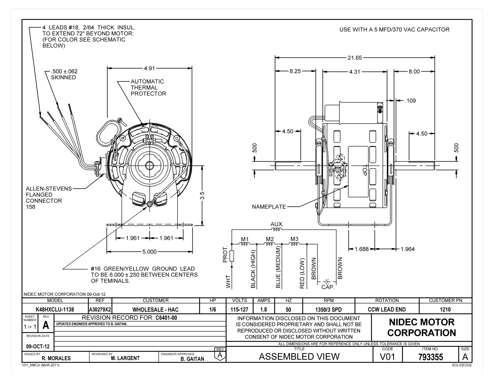 US Motors 1210 Dimensional Sheet - ManualMachine.com