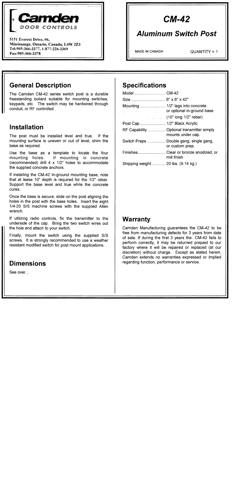 Camden Door Controls CM-42-BSU-BRZ-IG, CM-42-BSU-BRZ, CM-42-BSU-CLR-IG, CM-42-BSU-CLR, CM-42-BSU-MIL-IG Installation Instructions