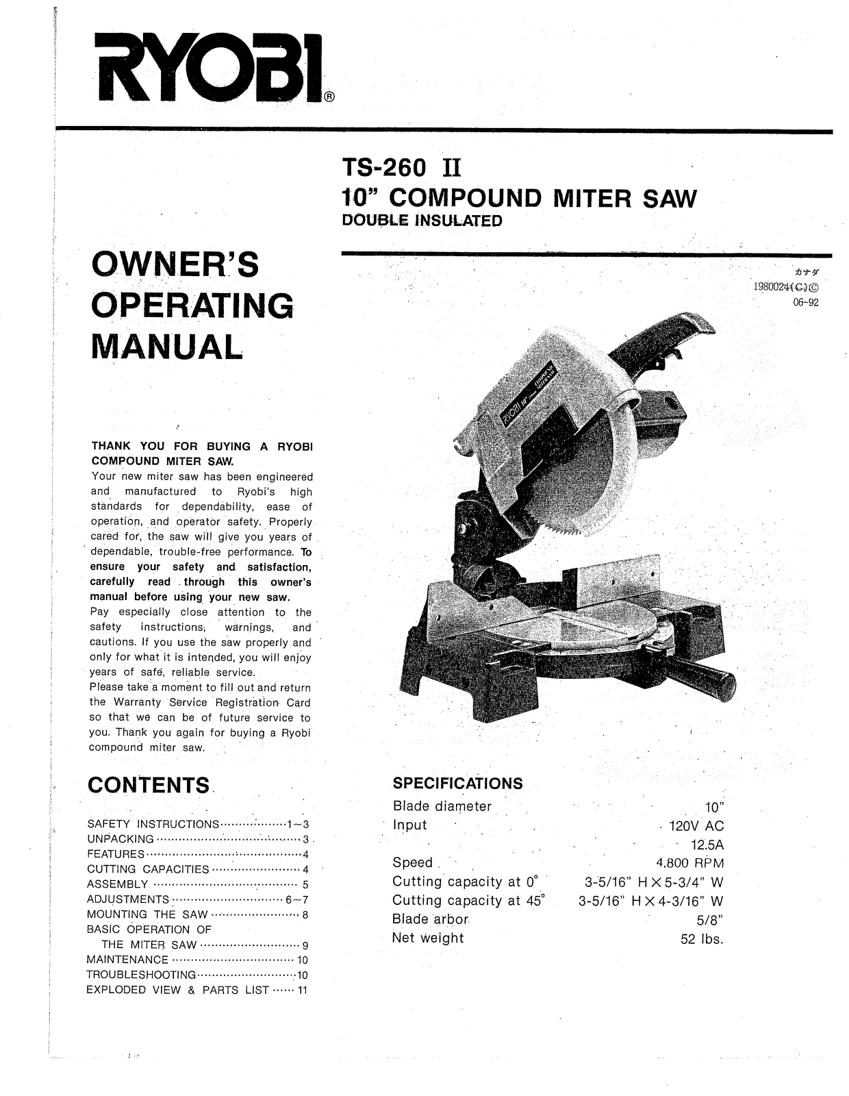 Ryobi TS-260 II Owner's Operating Manual