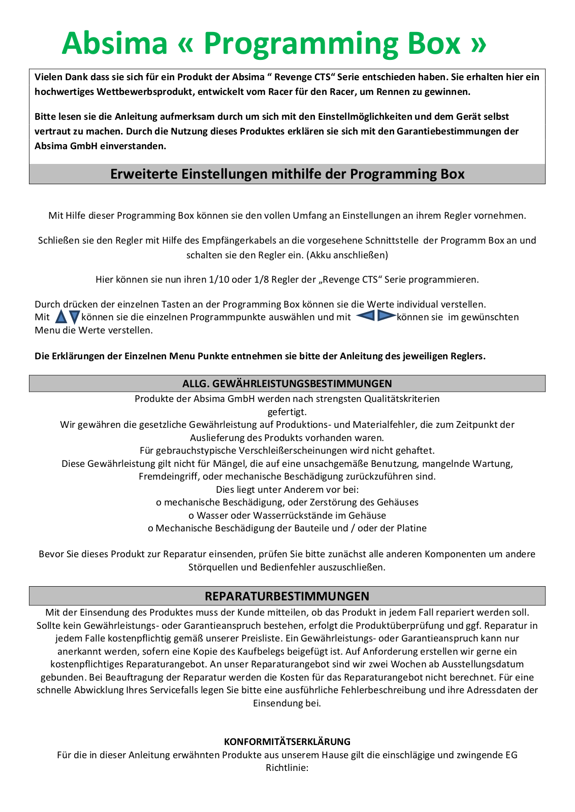 Absima Programming Box User guide