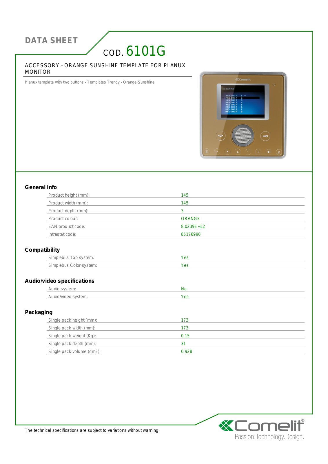 Comelit 6101G Specsheet