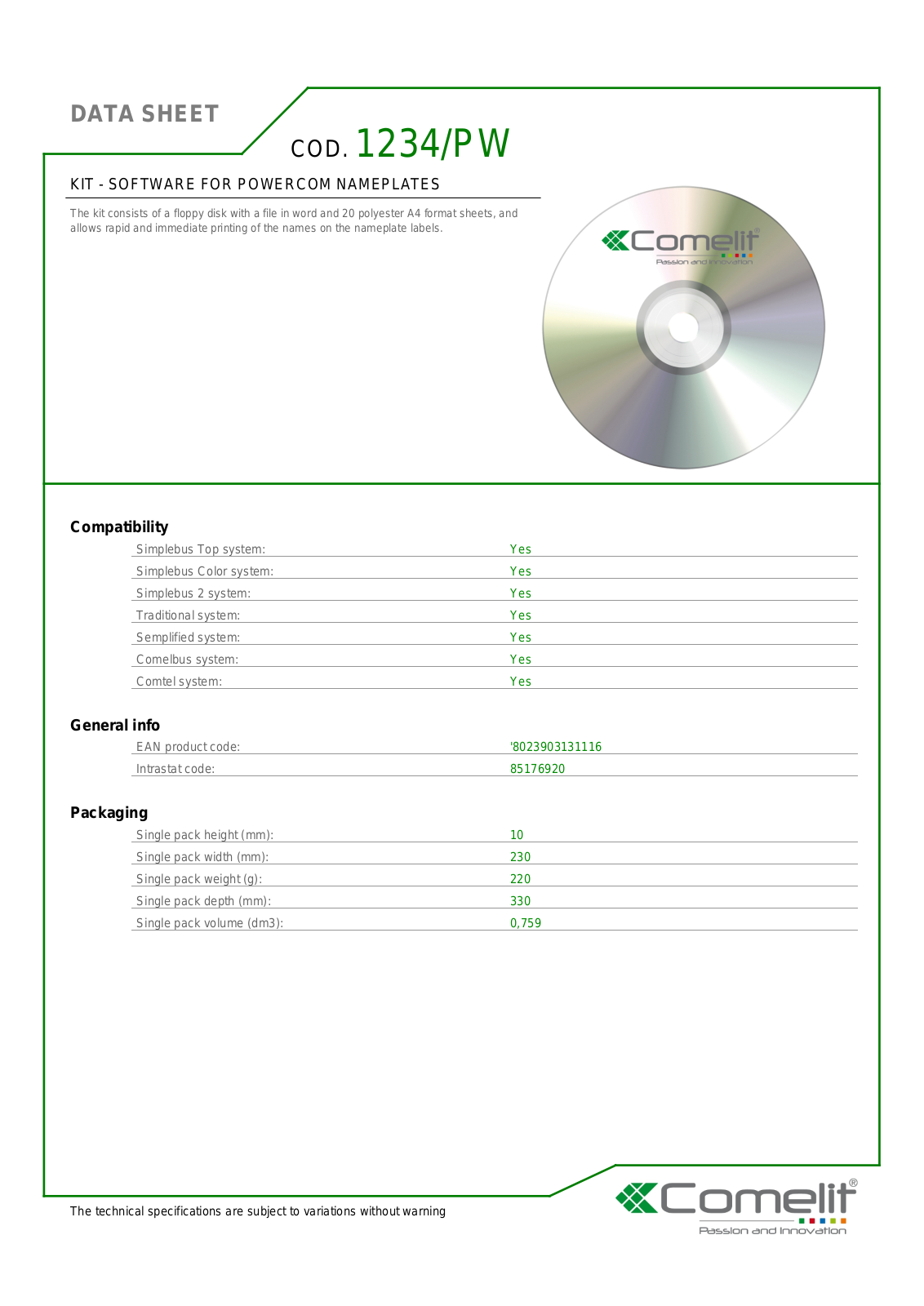 Comelit 1234-PW Specsheet