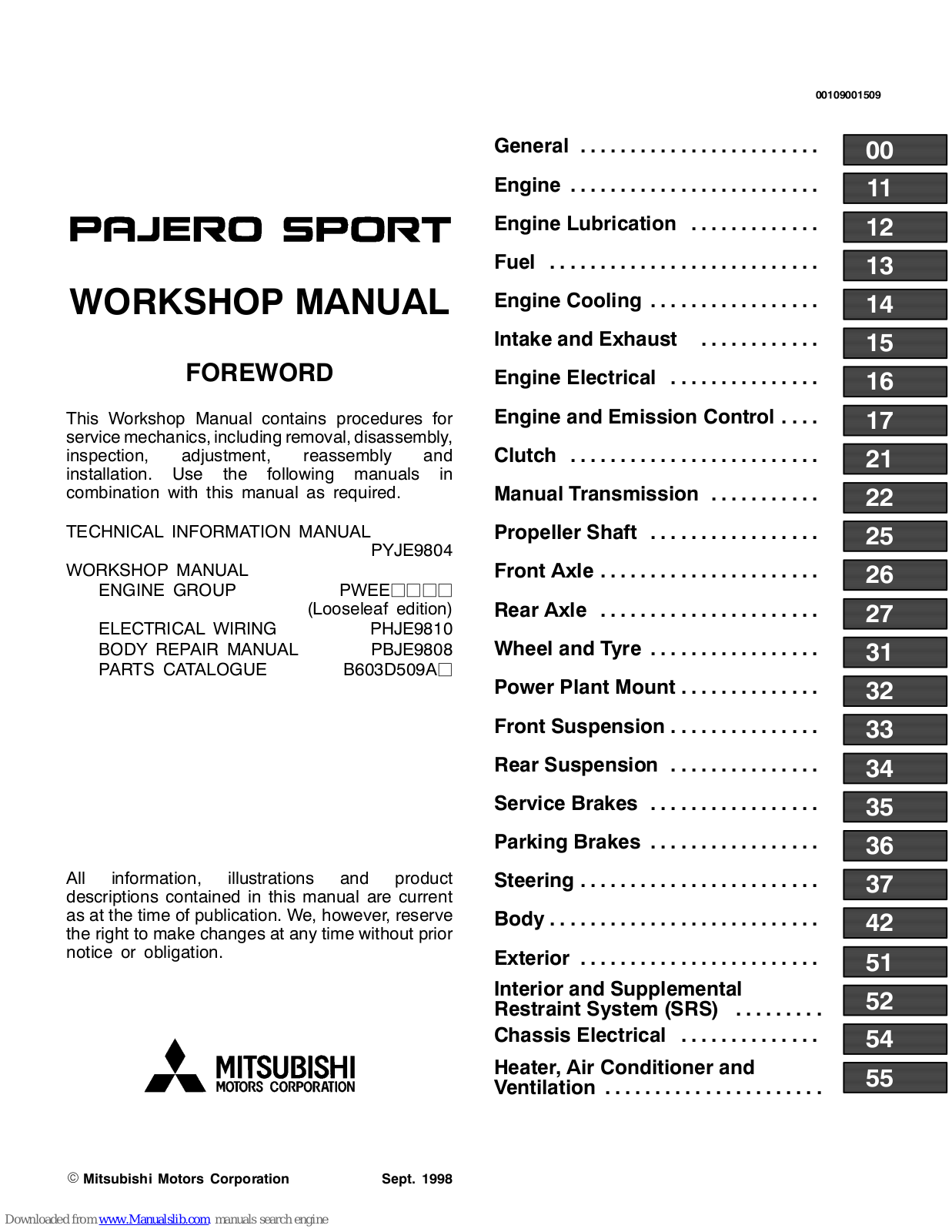 Mitsubishi Pajero Sport 1996 Workshop Manual