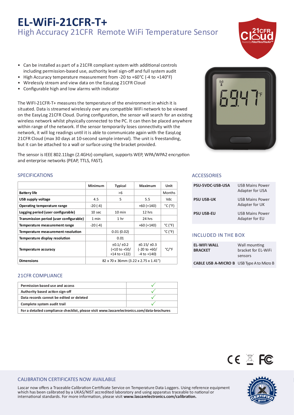 Lascar EL-WIFI-21CFR-T+ Data Sheet