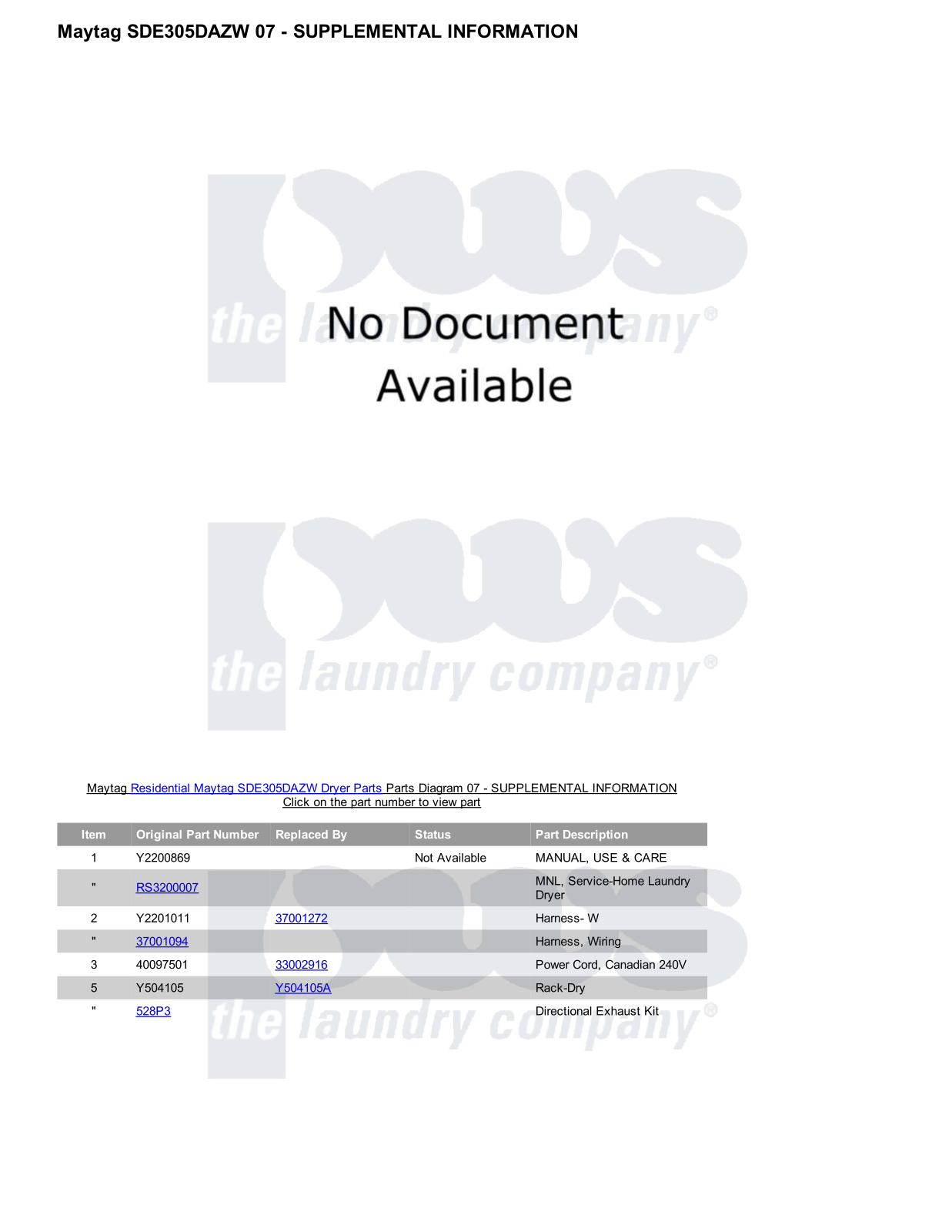 Maytag SDE305DAZW Parts Diagram