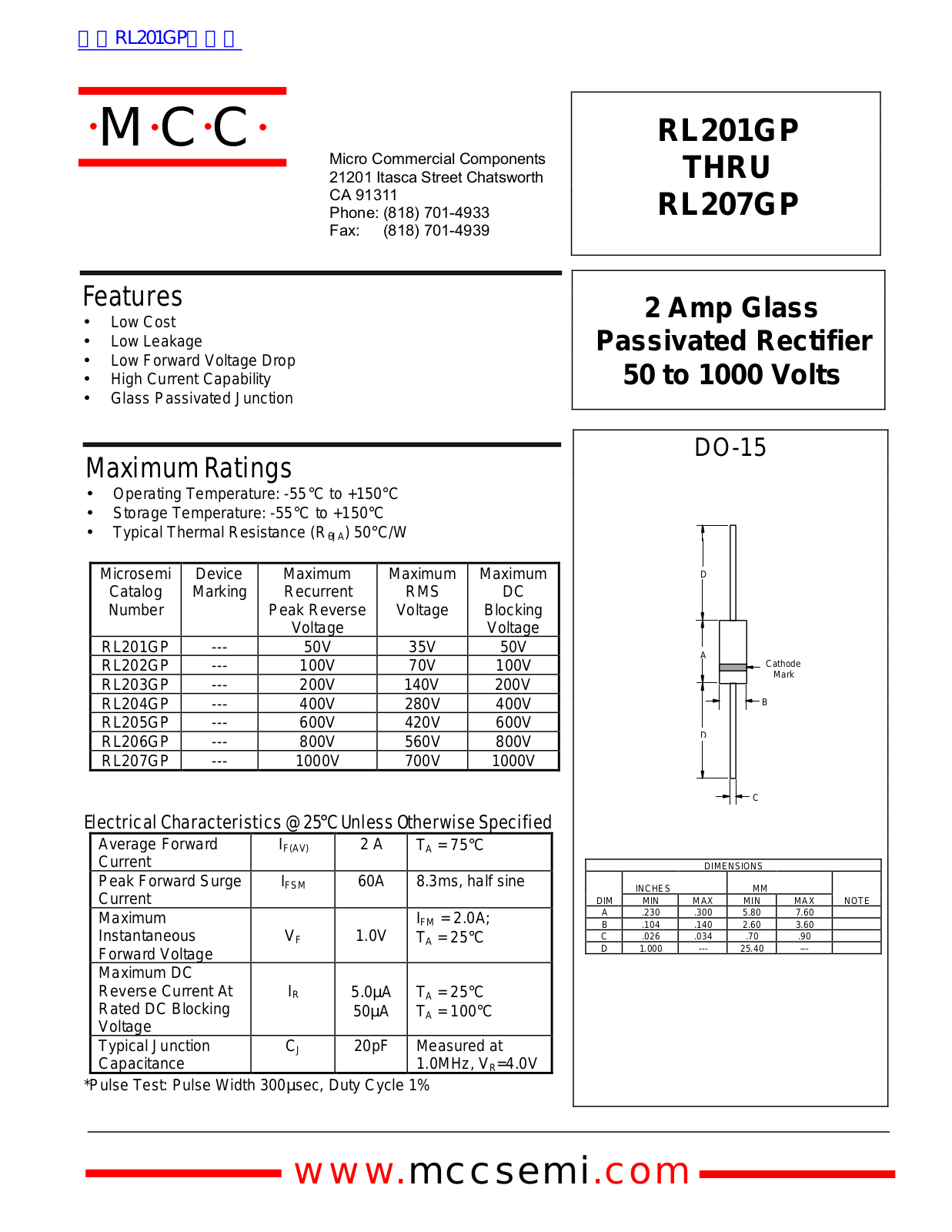 Micro Commercial Components RL201GP, RL207GP Technical data