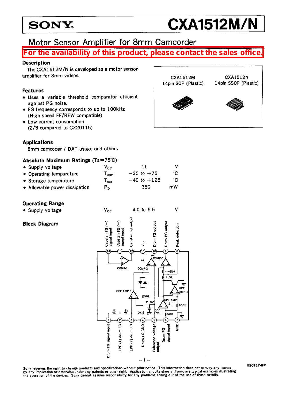 Sony CXA1512N, CXA1512M Datasheet