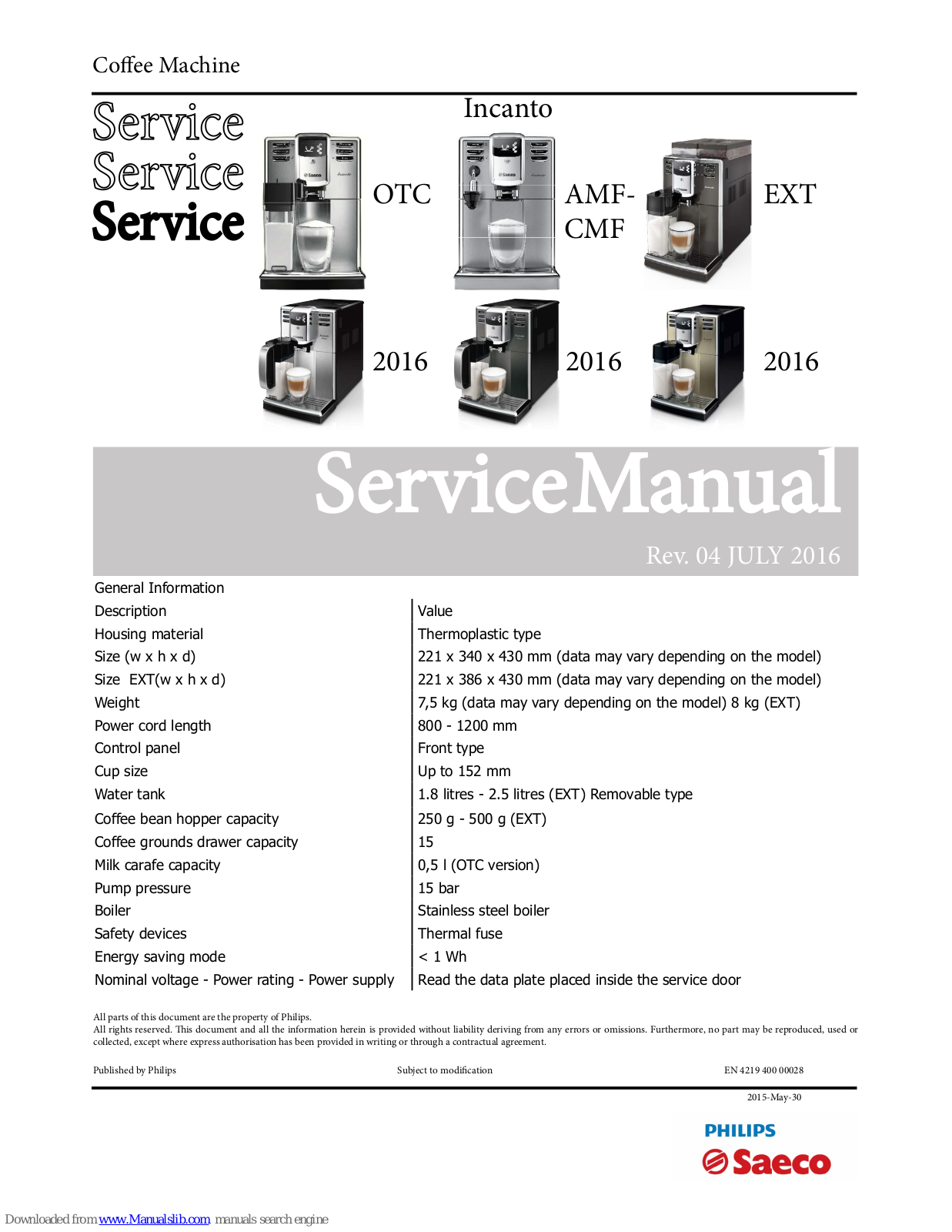 Saeco OTC SERIES, AMF SERIES, EXT SERIES, CMF SERIES Service Manual