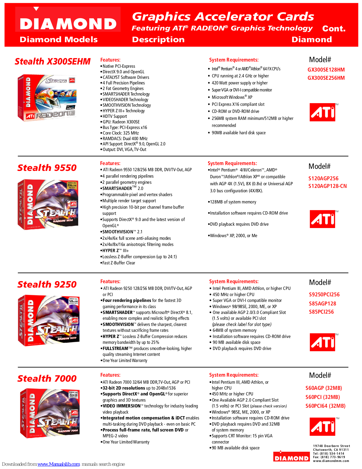 Diamond GX300SE128HM, GX300SE256HM, S120AGP256, S120AGP128-CN, S9250PCI256 Specification Sheet