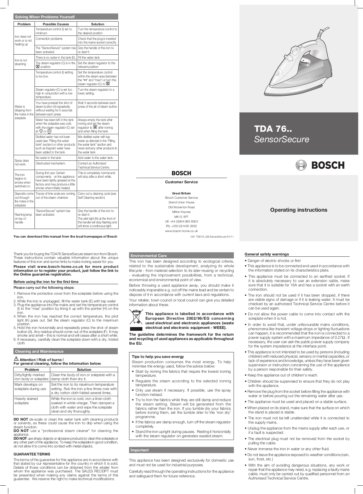 Bosch TDA7650GB, SensorSecure TDA 76 Operating Instructions Manual