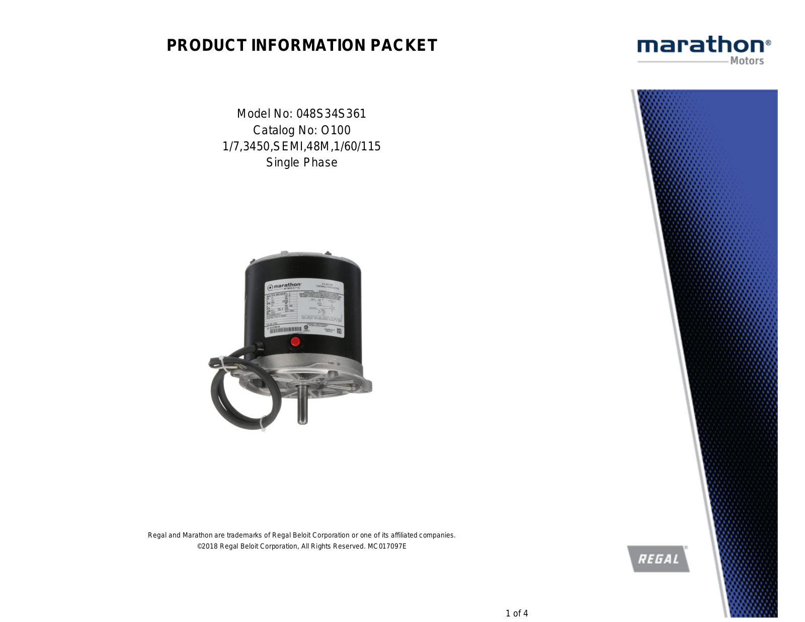 Marathon Electric O100 Product Information Packet