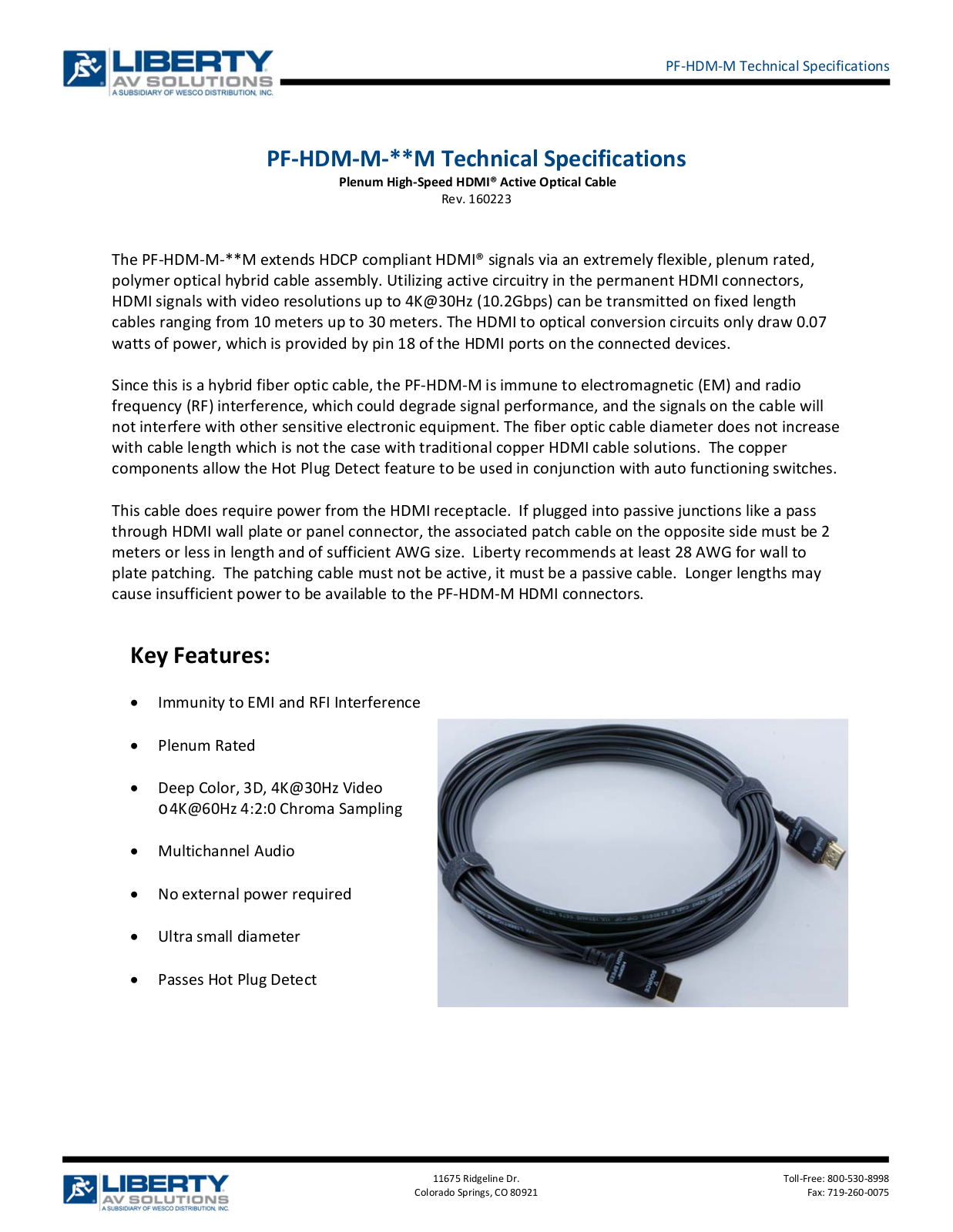 Liberty AV PF-HDM-M-030M, PF-HDM-M-015M, PF-HDM-M-010M Specifications