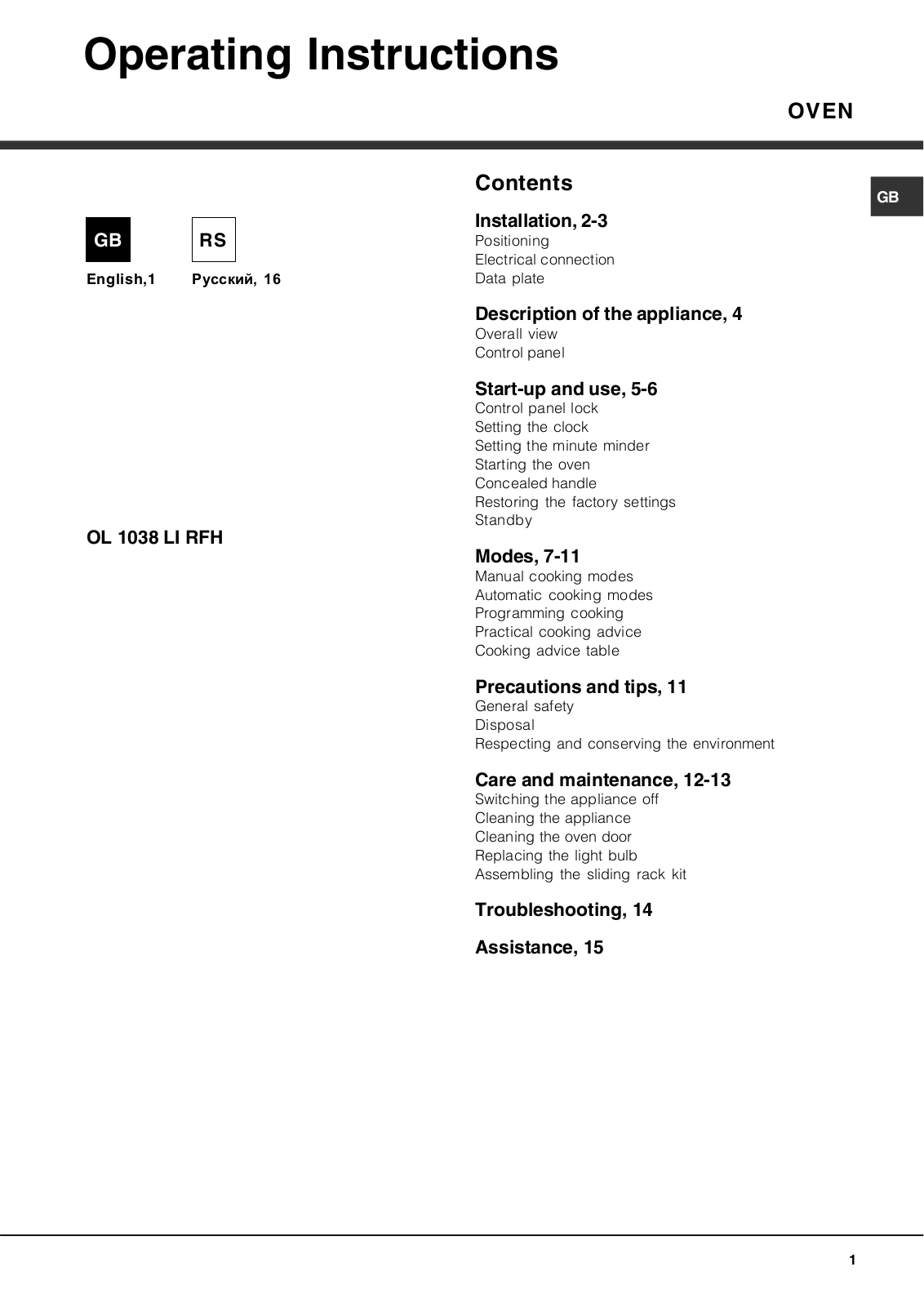 Hotpoint-Ariston OL1038 LI RFH User Manual