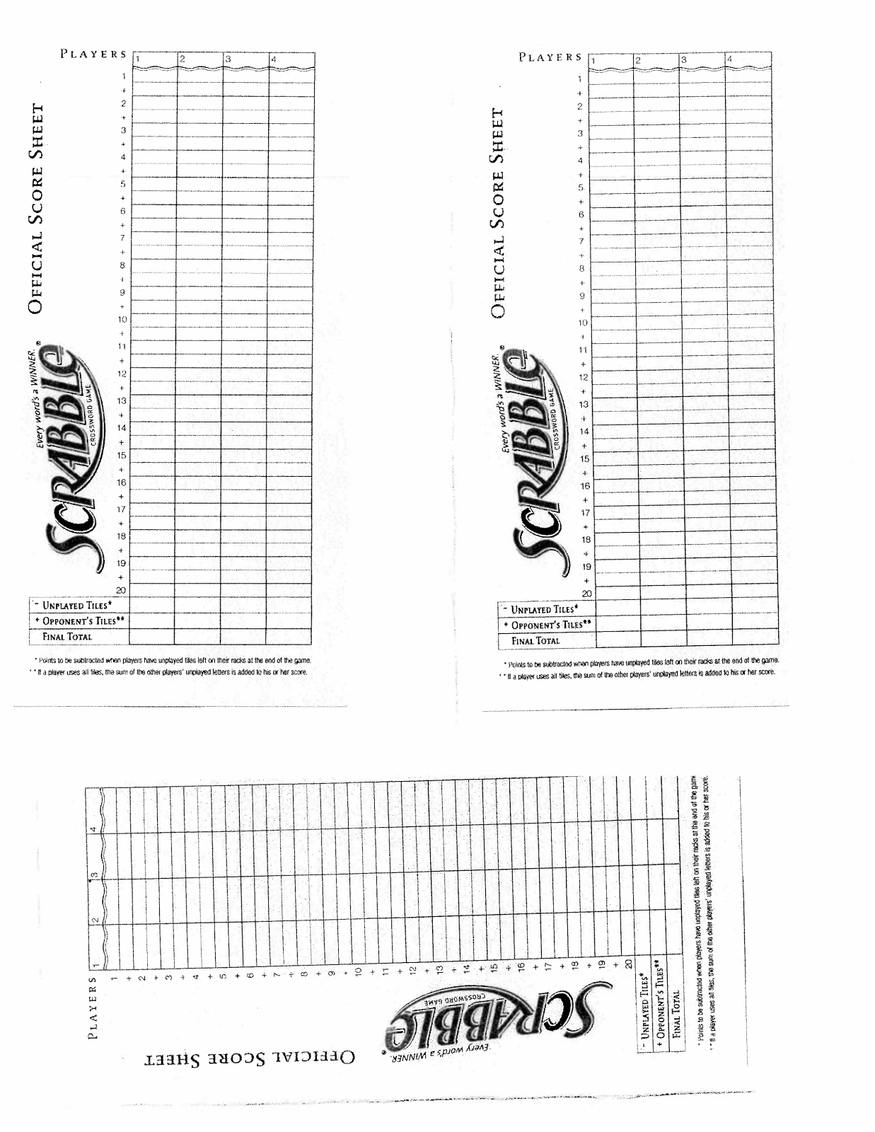 HASBRO Scrabble Score Sheet User Manual