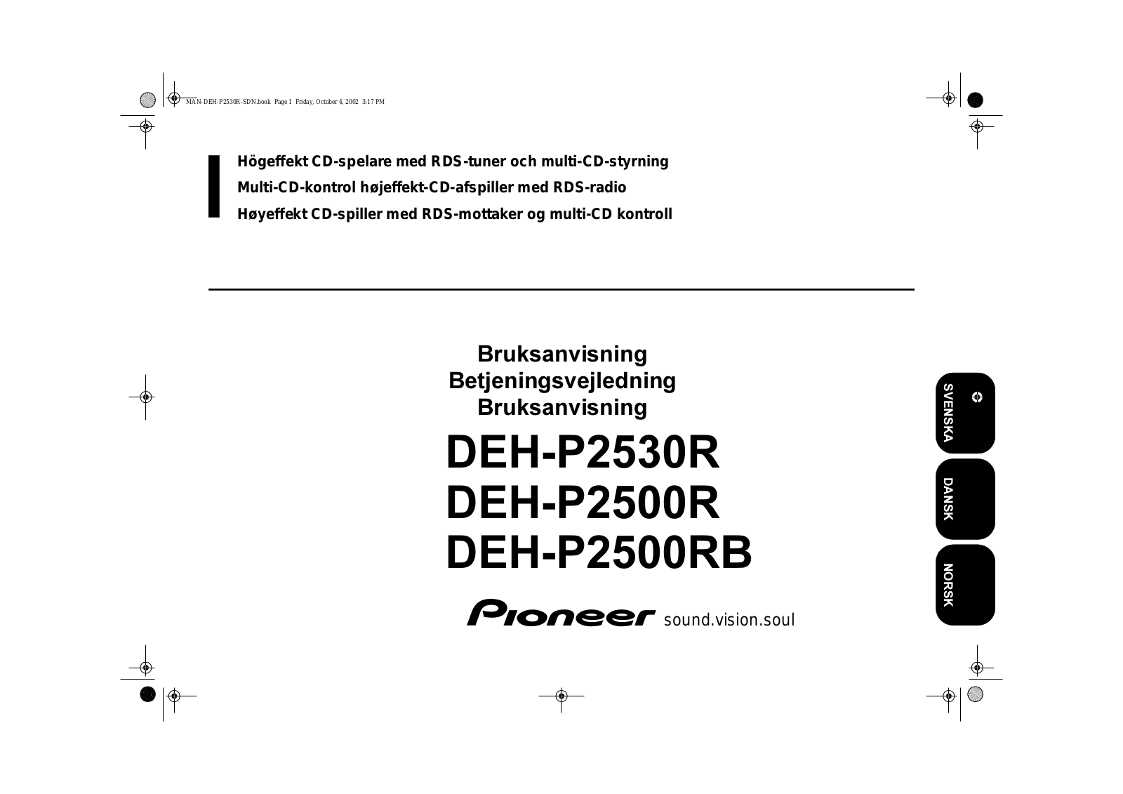 Pioneer DEH-P2530R, DEH-P2500RB User manual