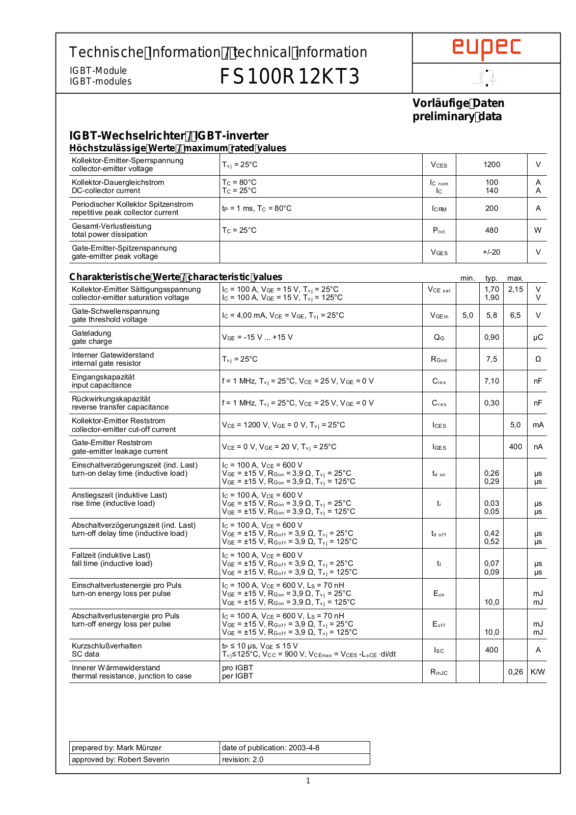 eupec FS100R12KT3 Service Manual