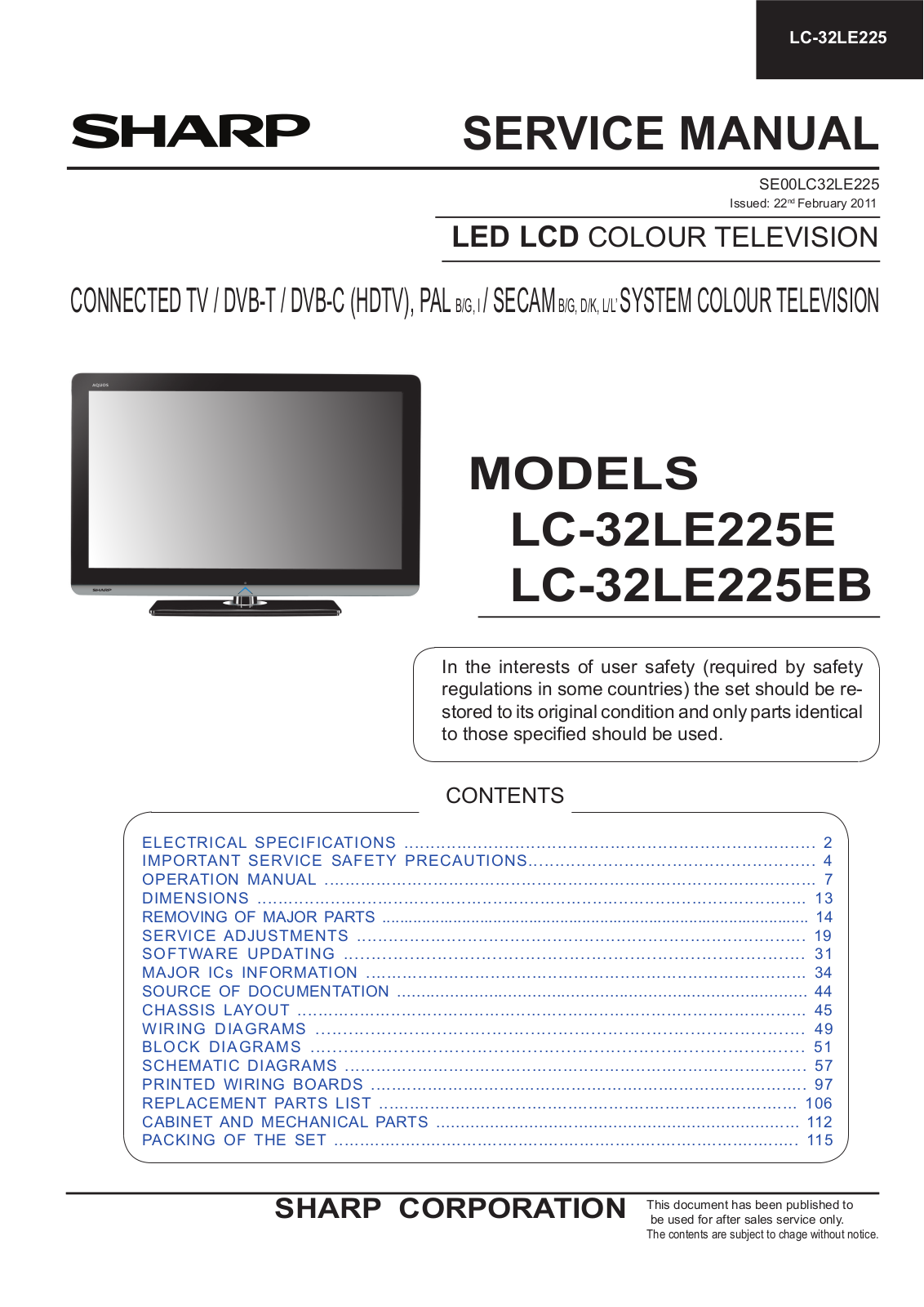 SHARP LC-32LE225E, LC32LE225EB Service Manual