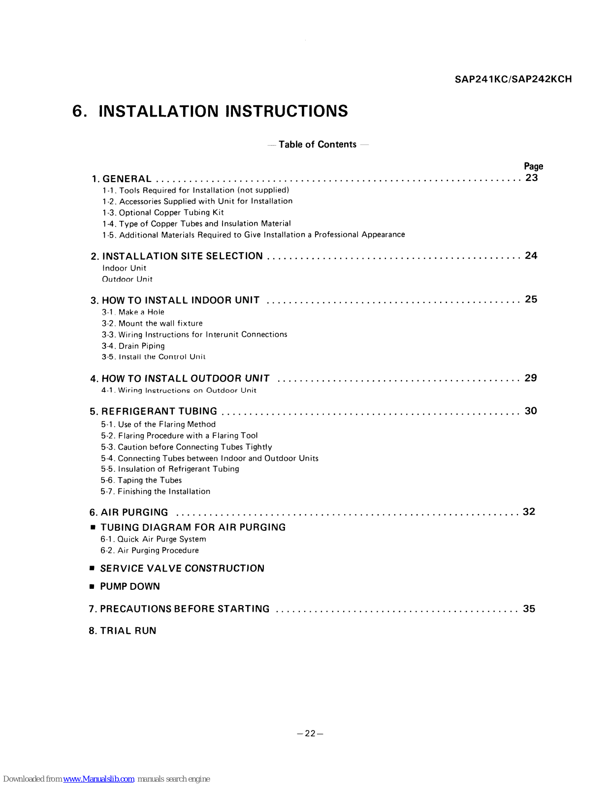 Sanyo SAP241KC,SAP242KCH Installation Instructions Manual