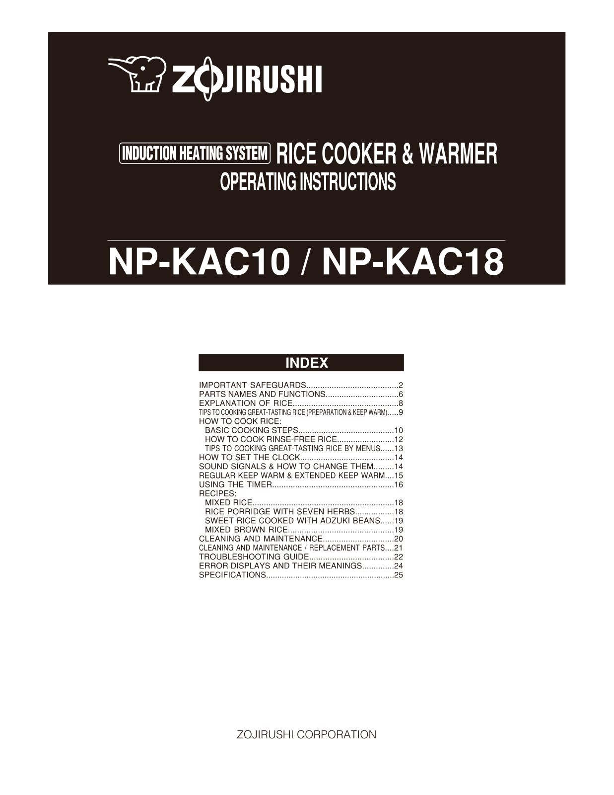 Zojirushi np-kac18, NP-KAC10 User Manual