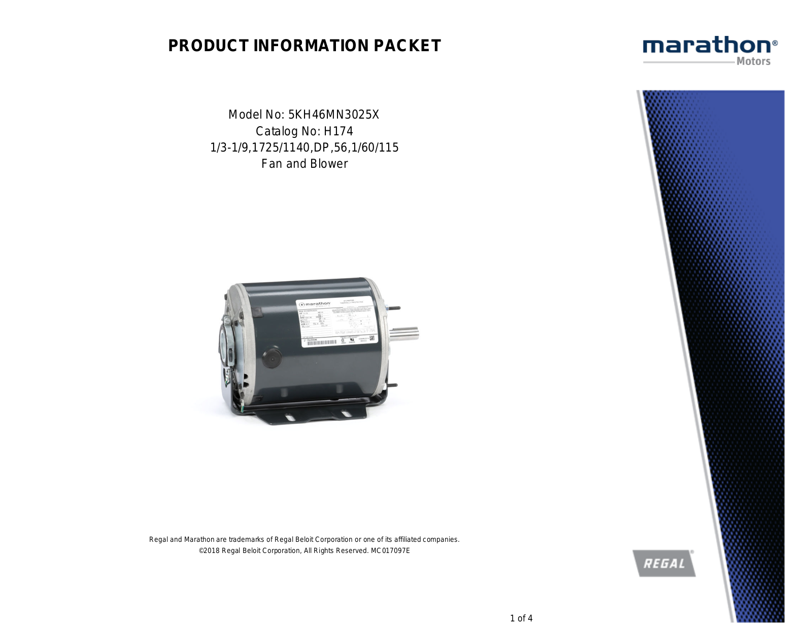 Marathon Electric 5KH46MN3025X Product Information Packet