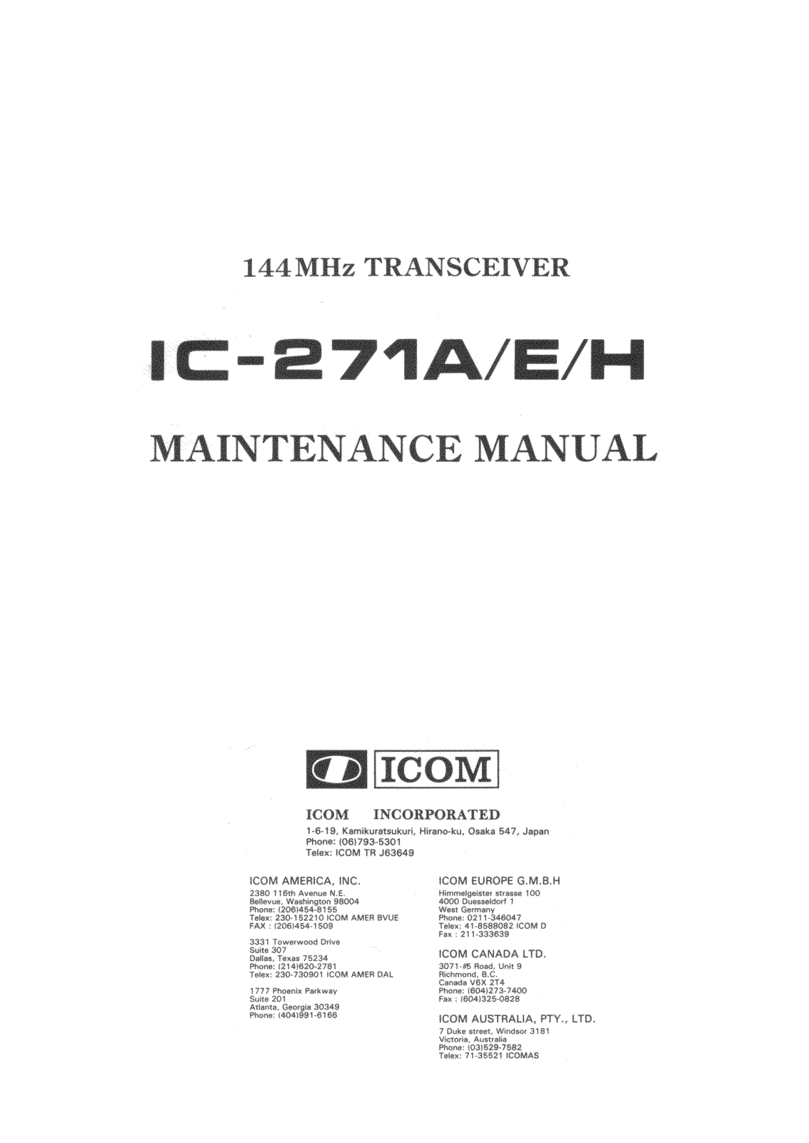Icom IC-271H, IC-271E, IC-271A Service Manual