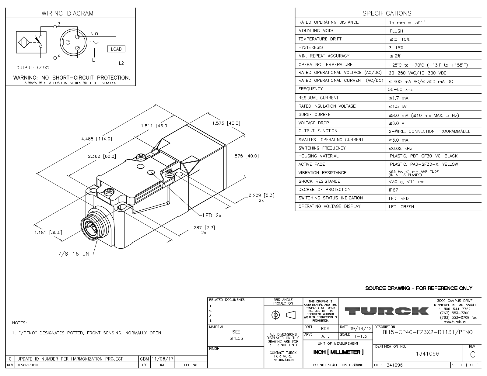 Turck BI15-CP40-FZ3X2-B1131PFNO Data Sheet