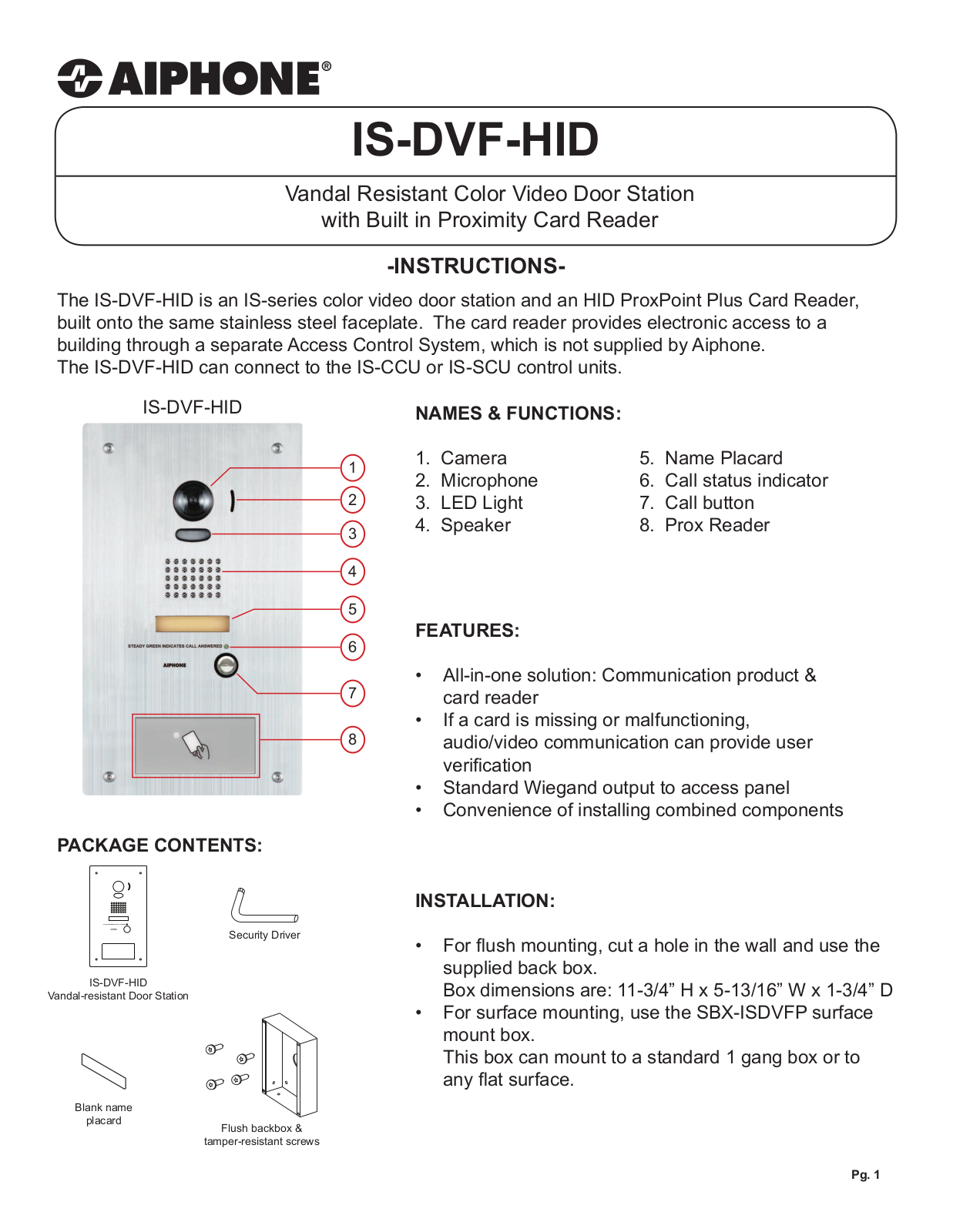 Aiphone IS-DVF-HID User Manual