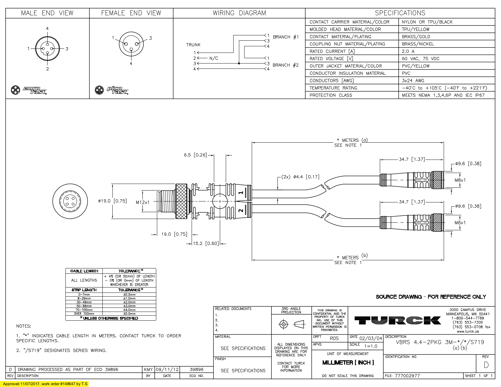 Turck VBRS4.4-2PKG3M-1/1/S719 Specification Sheet