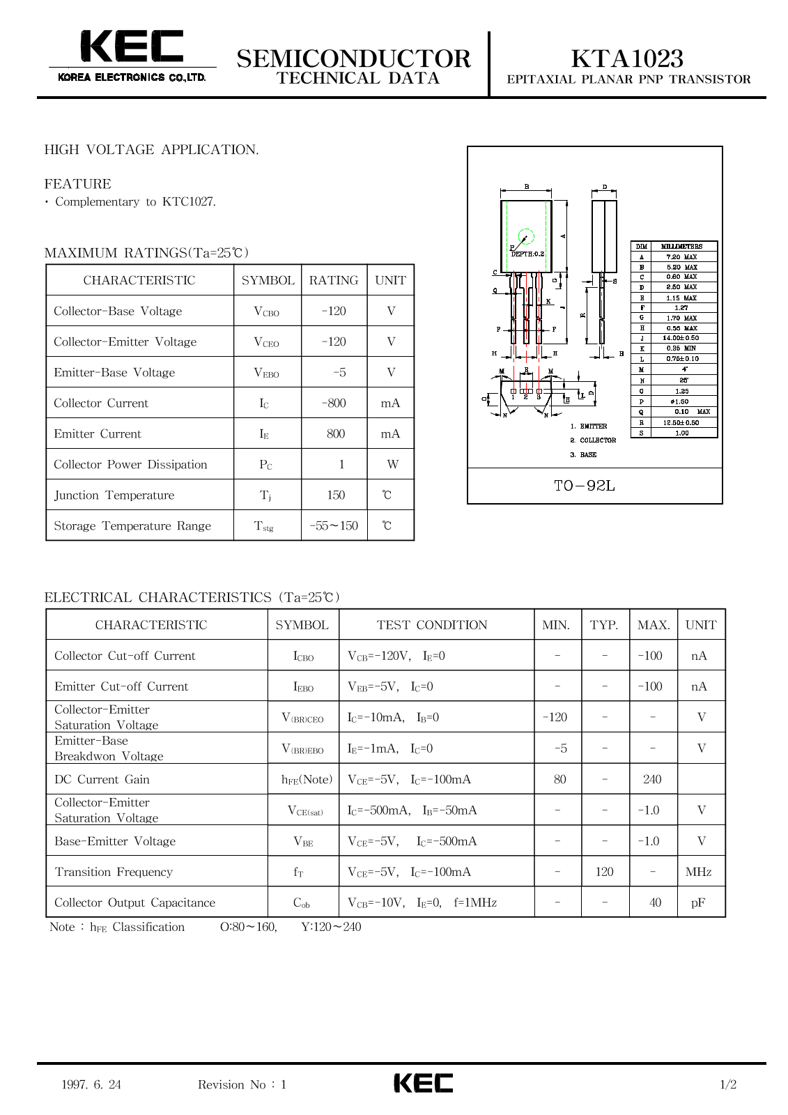 KEC KTA1023 Datasheet