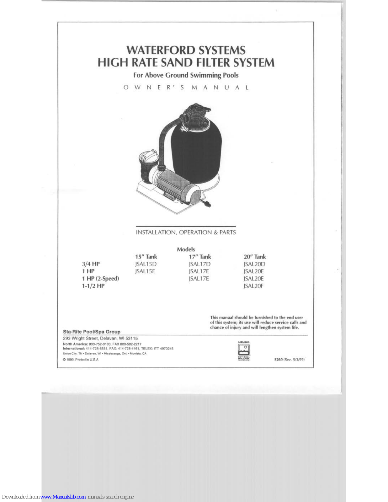 Waterford JSAL15D, JSAL17D, JSAL15E, JSAL17E, JSAL20D Installation, Operation & Parts