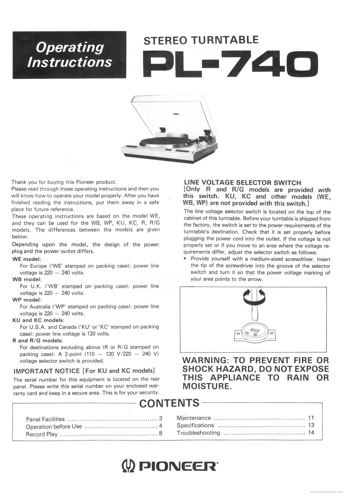Pioneer PL-740 User Manual