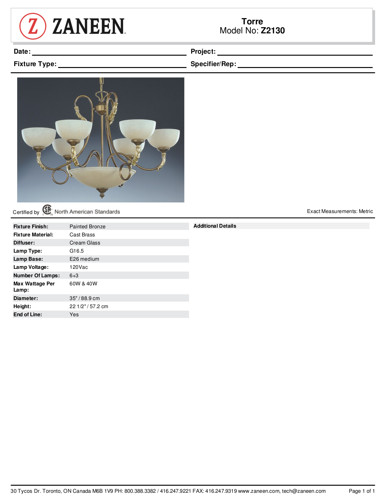 Zanin Lighting Inc. ZN1589 Specifications - ManualMachine.com