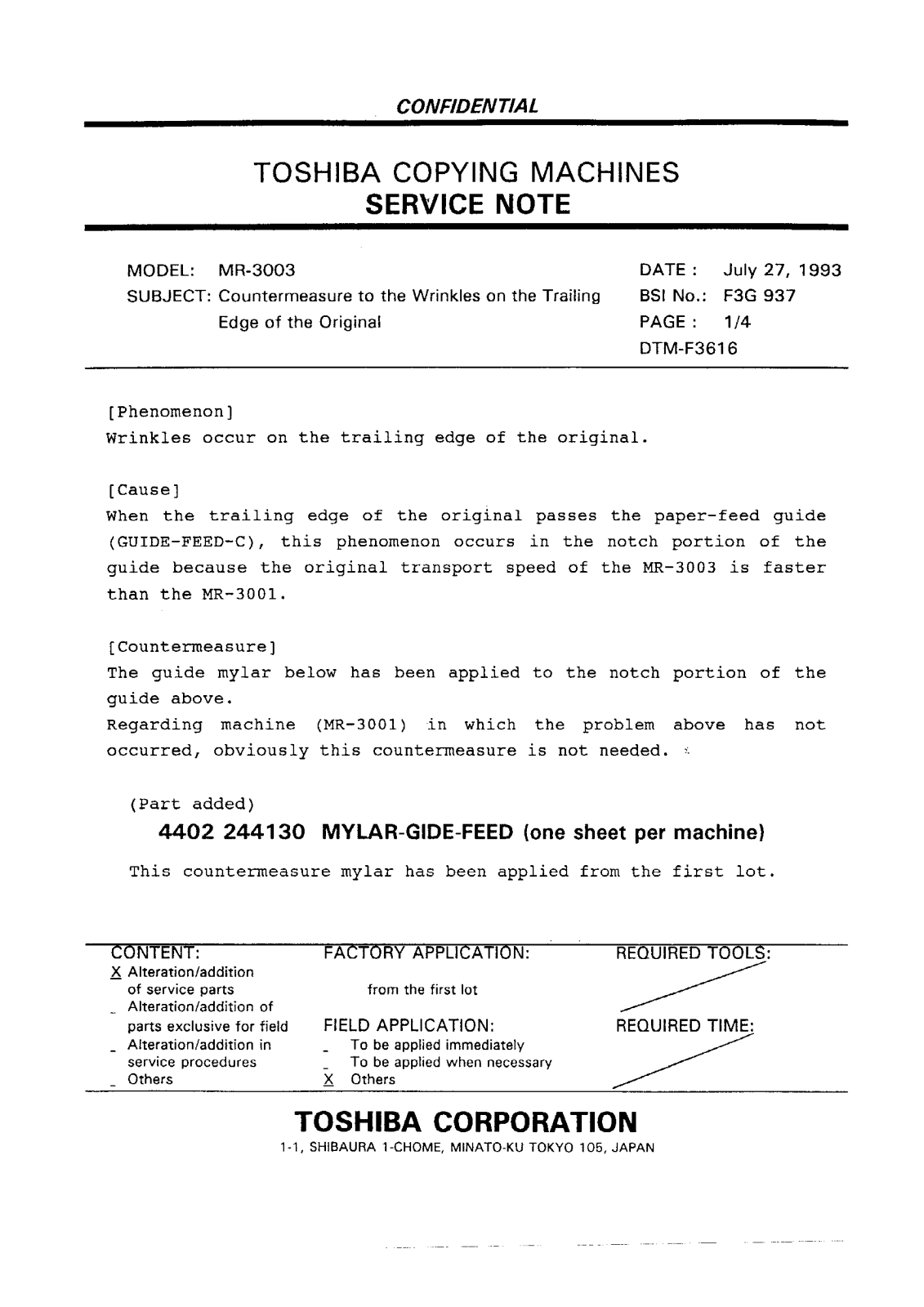 Toshiba f3g937 Service Note