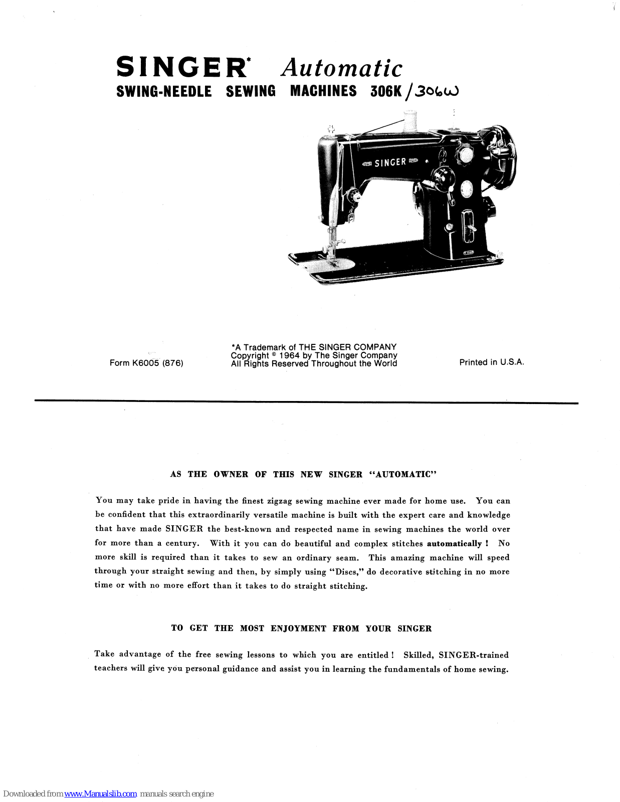 Singer Automatic 306K, Automatic 306w Instructions For Using Manual